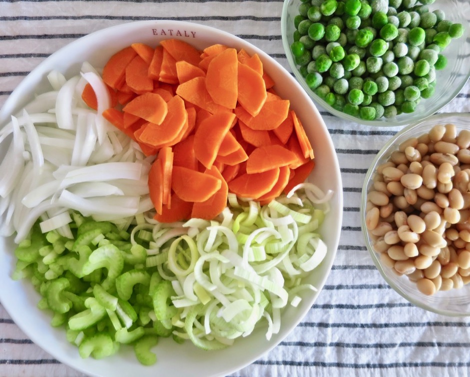 Carrots, Onion, Celery, Leeks, Peas, Beans