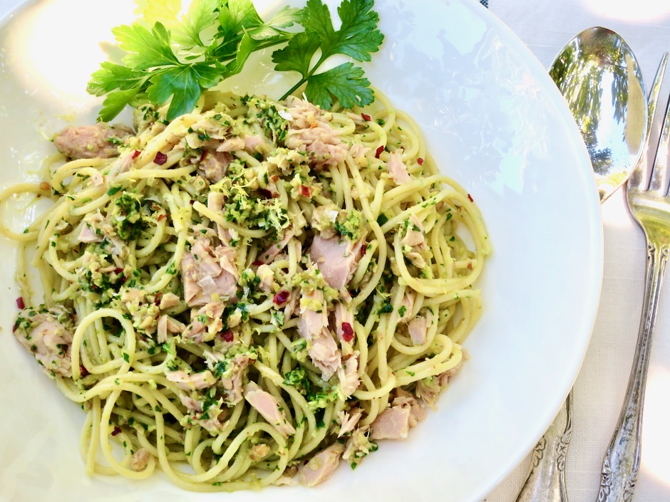 Tuna Spaghetti with Green Olive Pesto - My Lilikoi KitchenMy Lilikoi ...