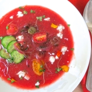 Tomato Soup with Feta, Olives & Cucumbers