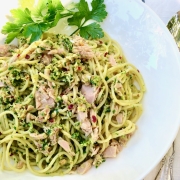 Tuna Spaghetti with Green Olive Pesto
